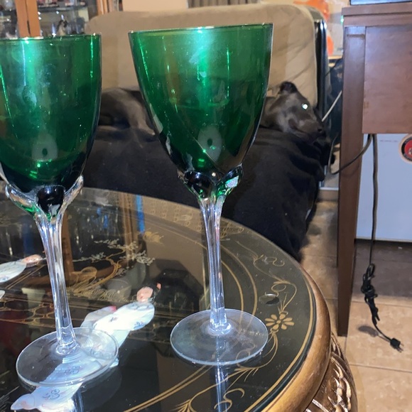 Murano Art Glass 2 Green Clear Ribbed Stem Vintage Style Hand Blown Wine Glass - Picture 2 of 4